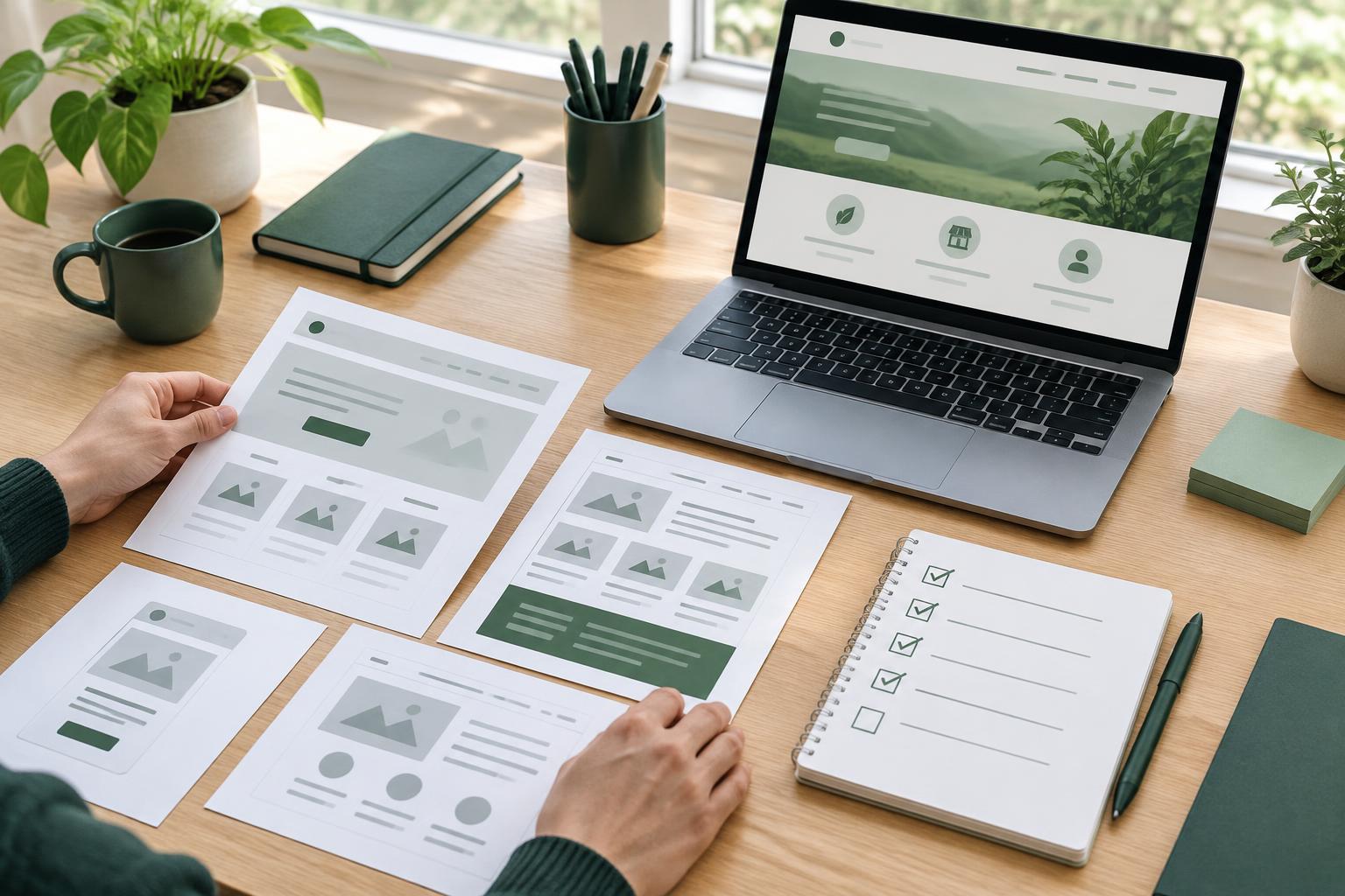 Websiteconcepten en een checklist naast een laptop