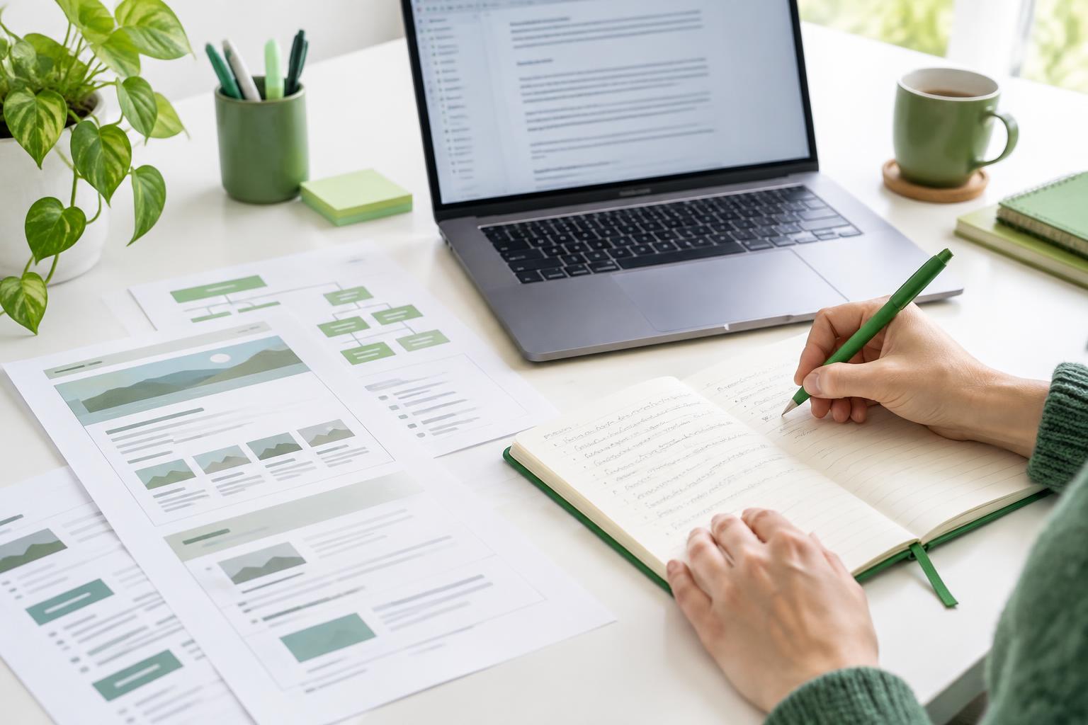 Notities voor websiteteksten naast een laptop